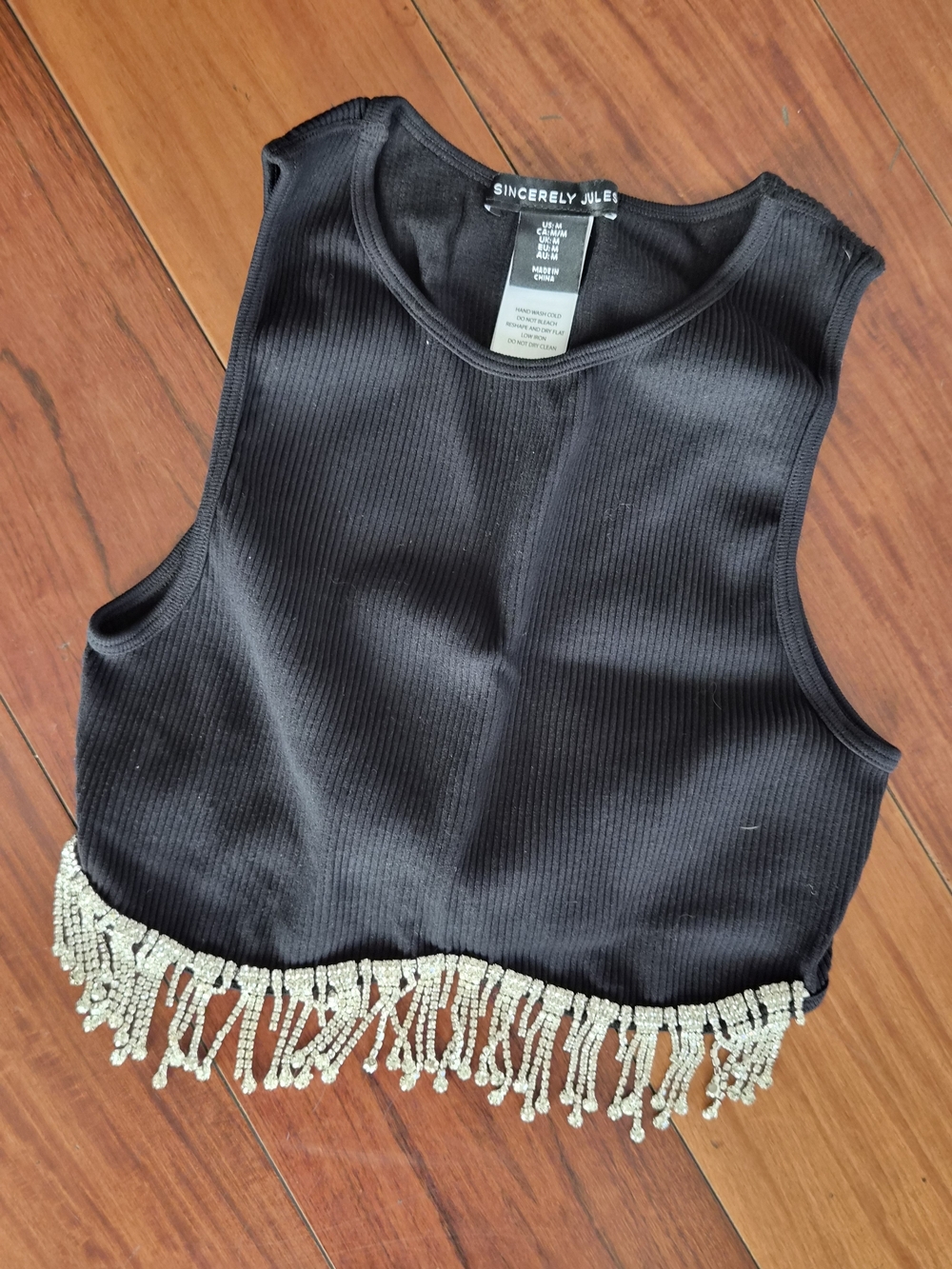 Black Ribbed Rhinestone Fringe Crop Top XS